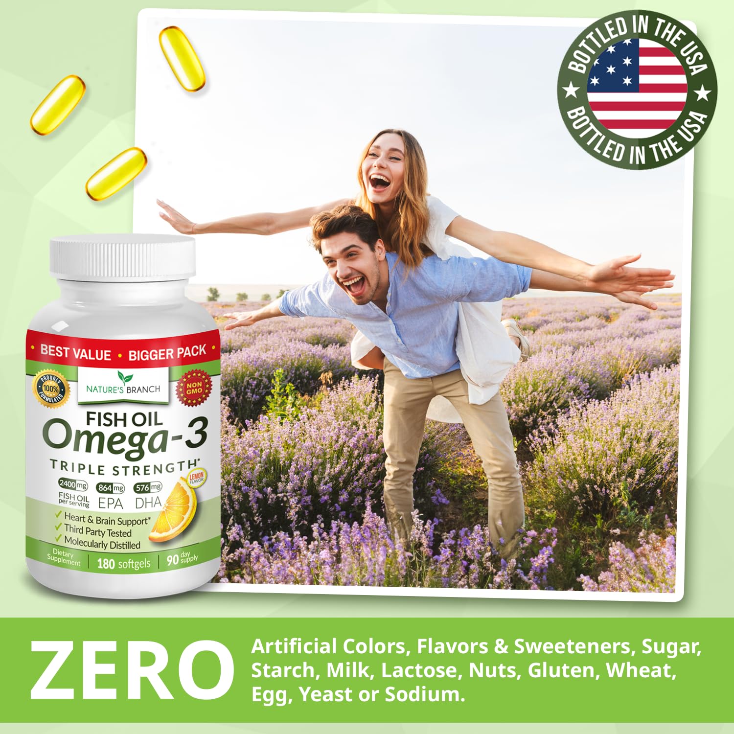 Nature's Branch heart-brain-eye wellness concept with omega-3 capsule