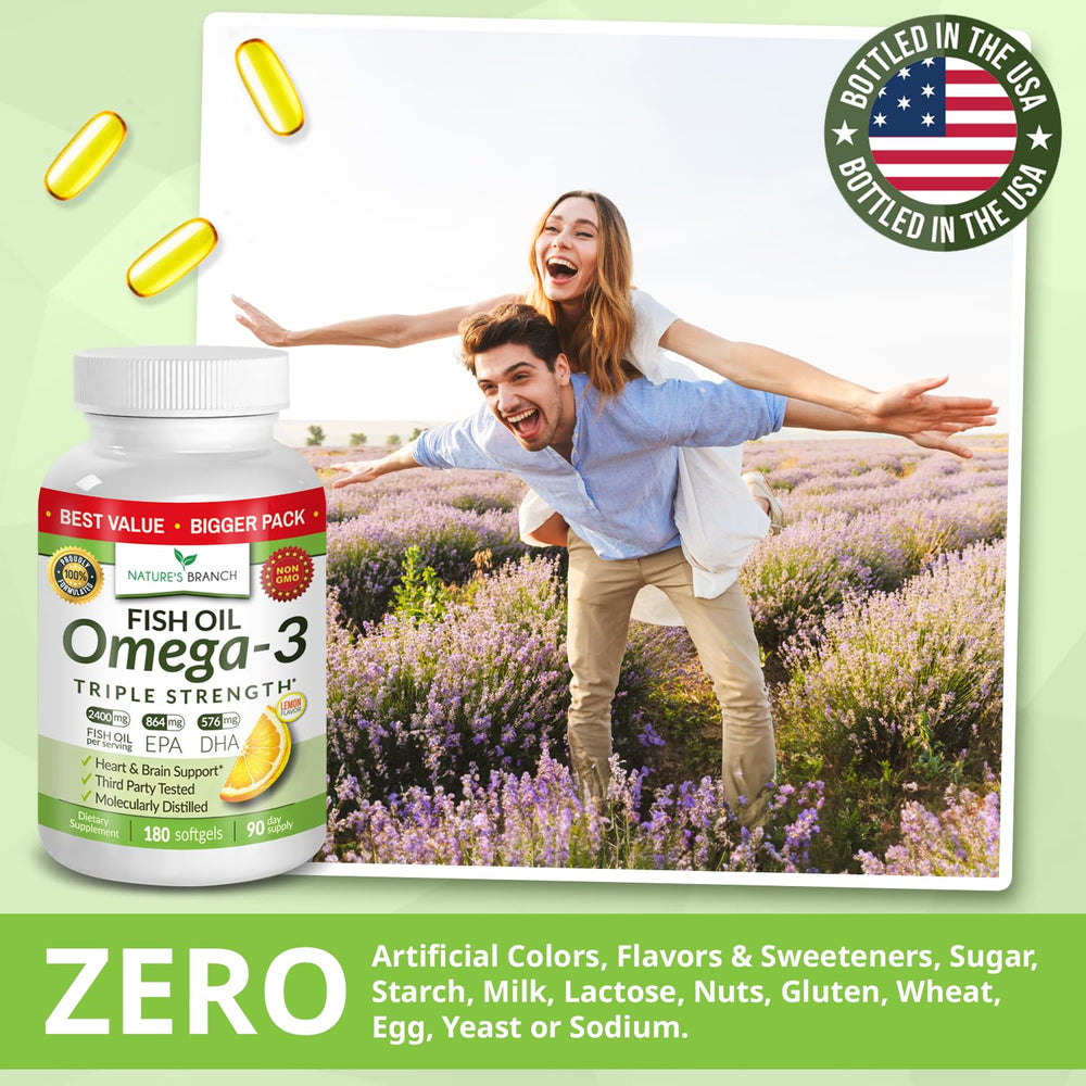 Nature's Branch heart-brain-eye wellness concept with omega-3 capsule