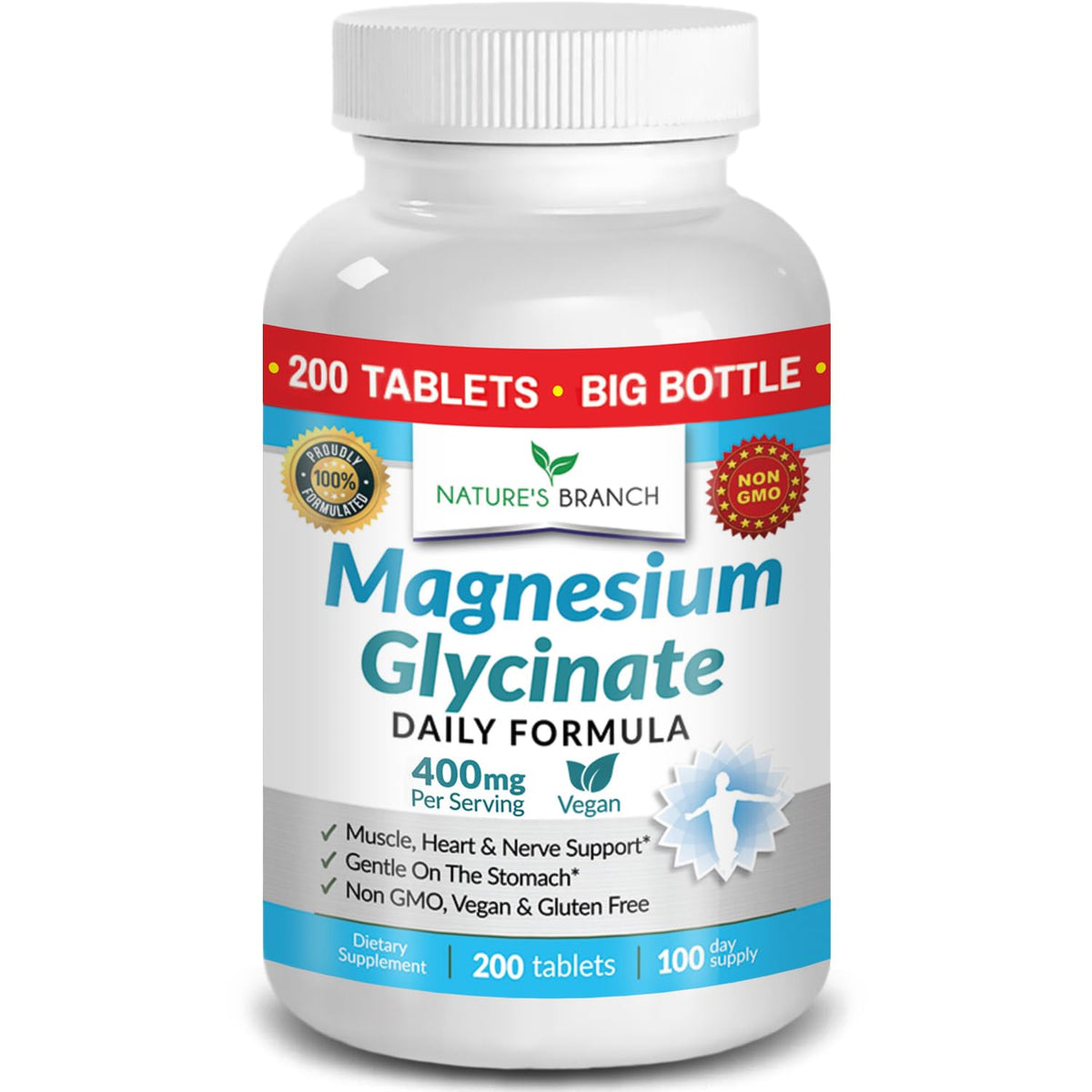 Nature's Branch Magnesium Glycinate 400mg bottle front view supports calm sleep and daily wellness