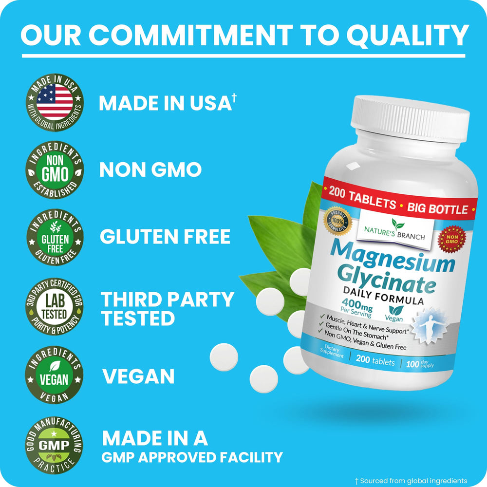 Bottle open shot of Nature's Branch Magnesium Glycinate 400mg tablets for daily use