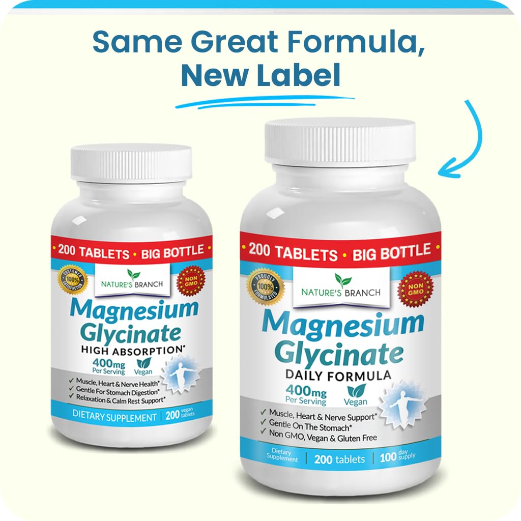 Nature's Branch Magnesium Glycinate 400mg bottle side view compact tablet size for easy swallowing