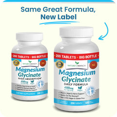 Nature's Branch Magnesium Glycinate 400mg bottle side view compact tablet size for easy swallowing