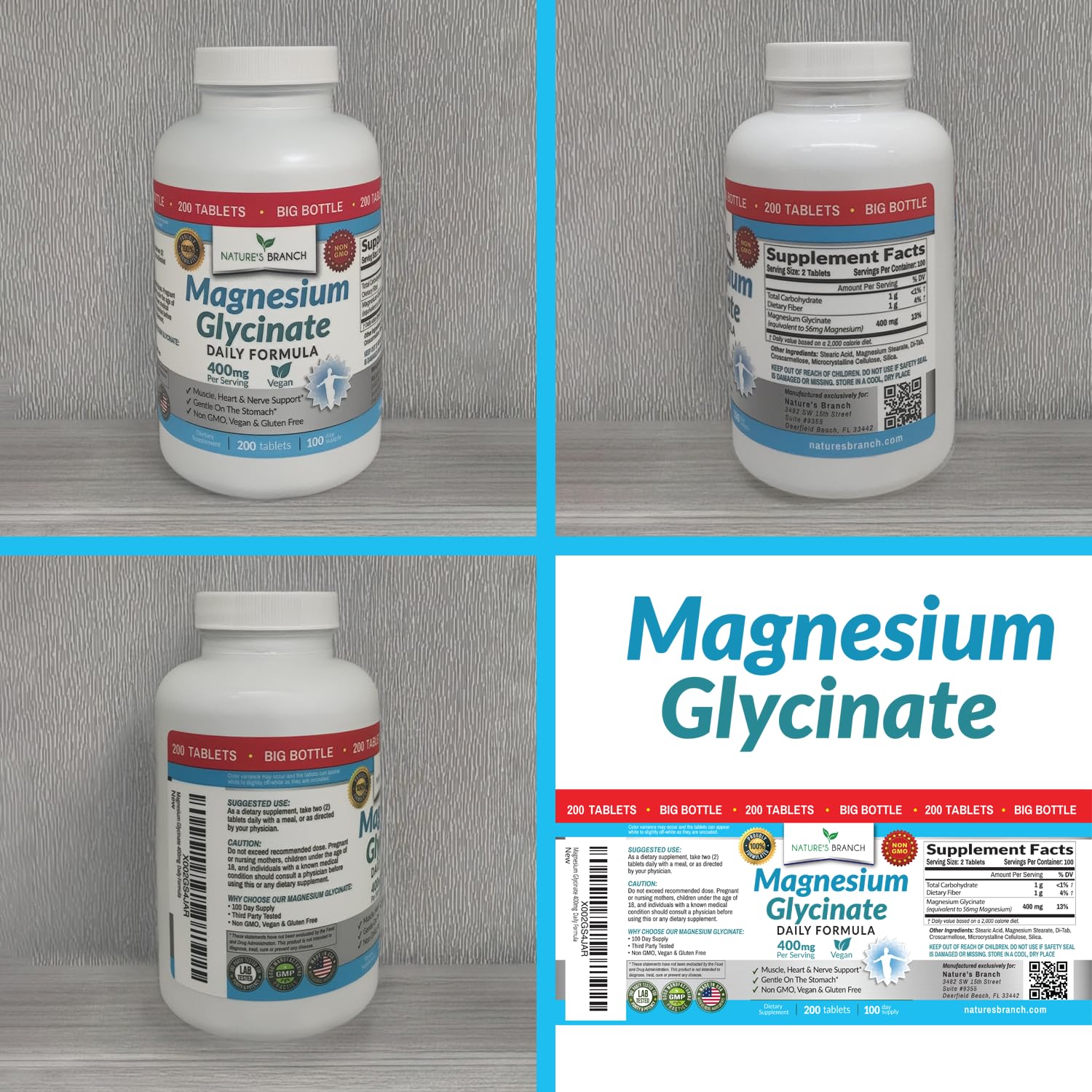 Label highlights high absorption and digestion-friendly formula for Nature's Branch Magnesium Glycinate 400mg