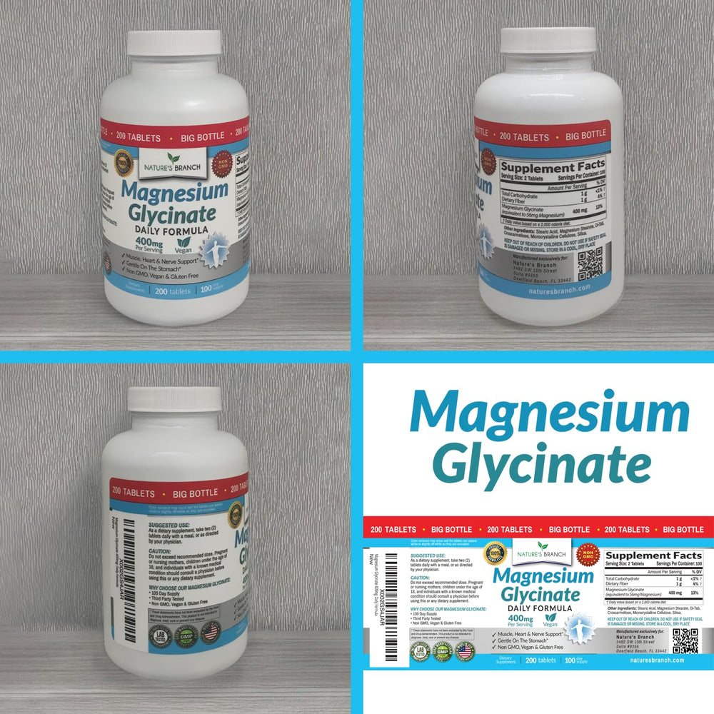 Label highlights high absorption and digestion-friendly formula for Nature's Branch Magnesium Glycinate 400mg