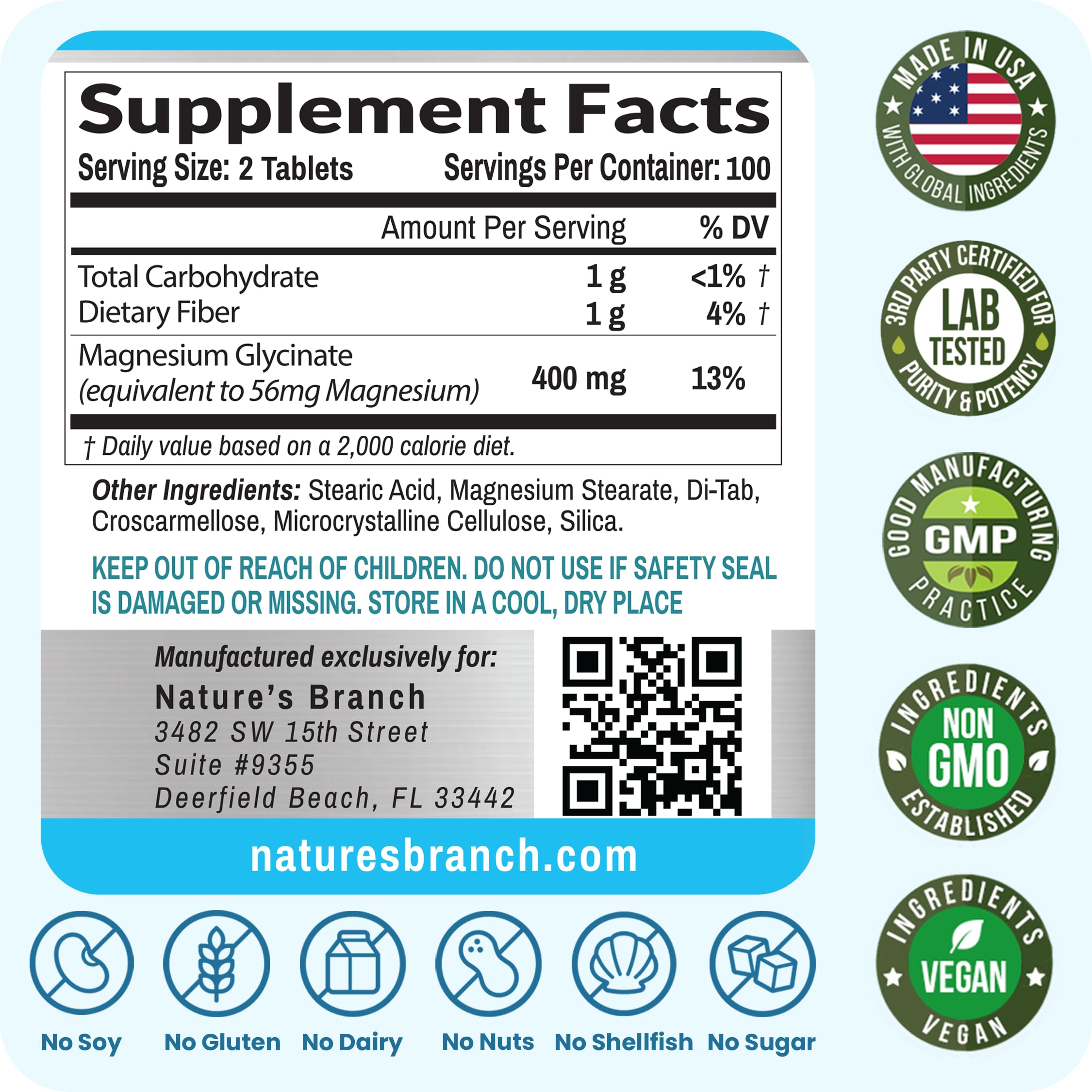 Serving size display for Nature's Branch Magnesium Glycinate 400mg tablets