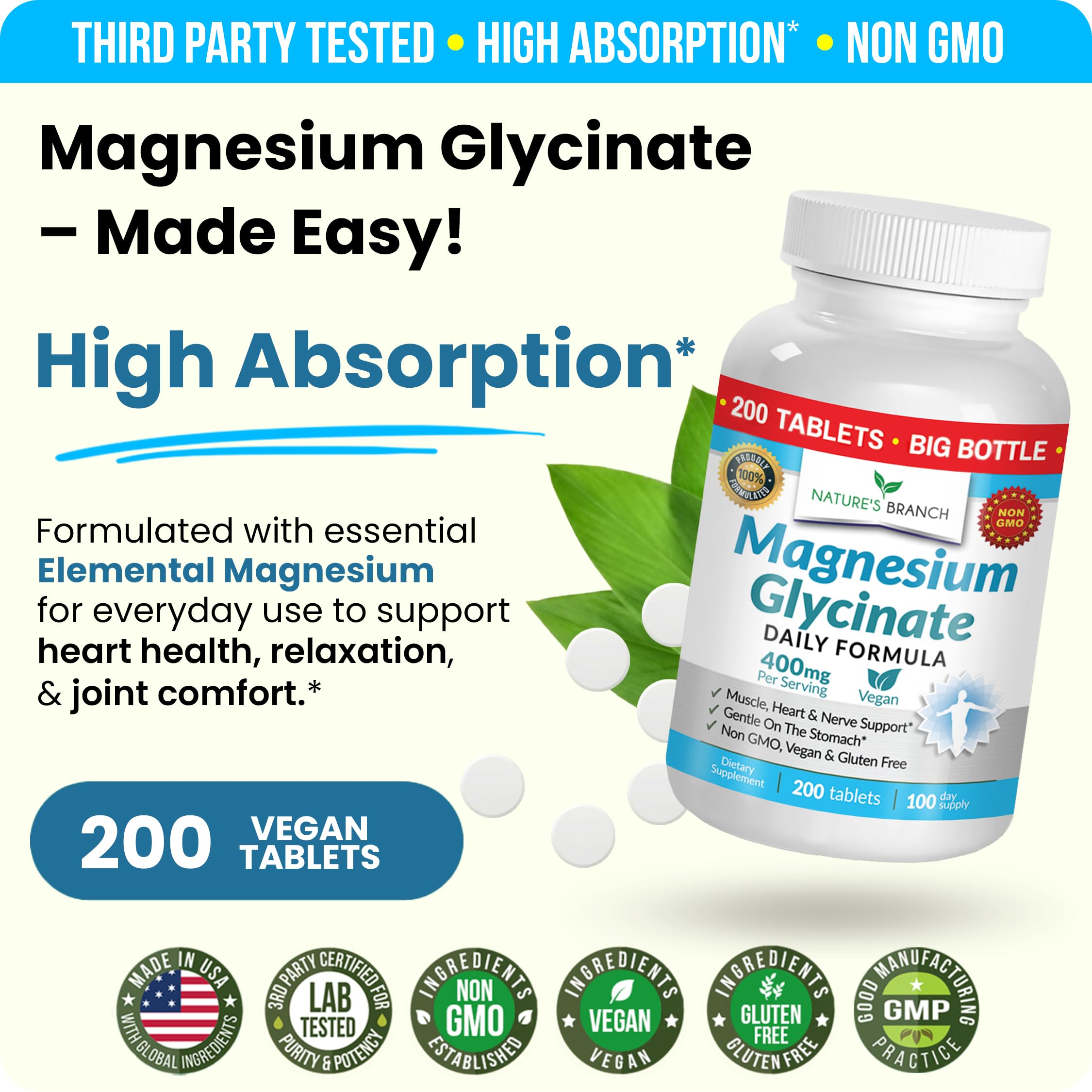 Vegan icon on Nature's Branch Magnesium Glycinate 400mg label emphasizes vegan formula