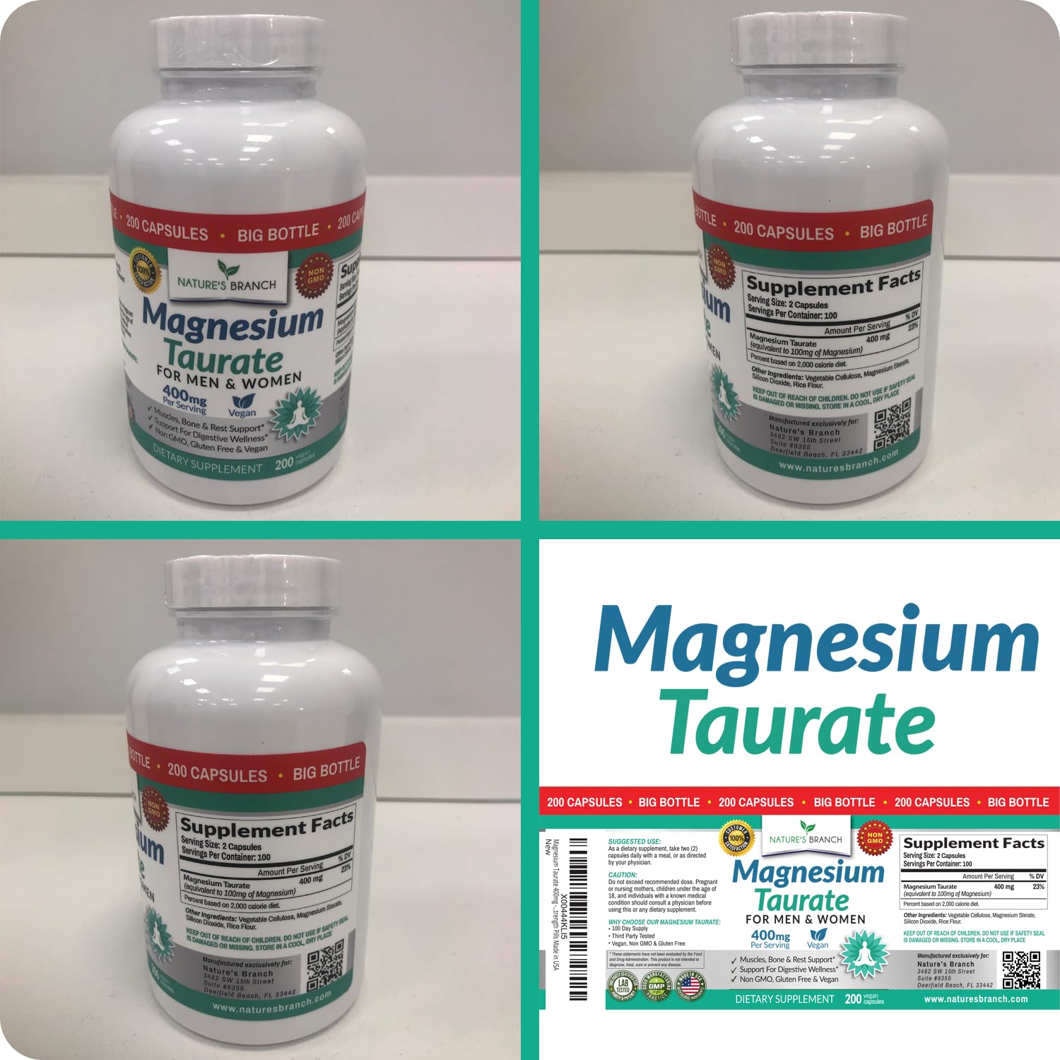 Nature's Branch Magnesium Taurate 400mg bottle beside a calm lifestyle scene.