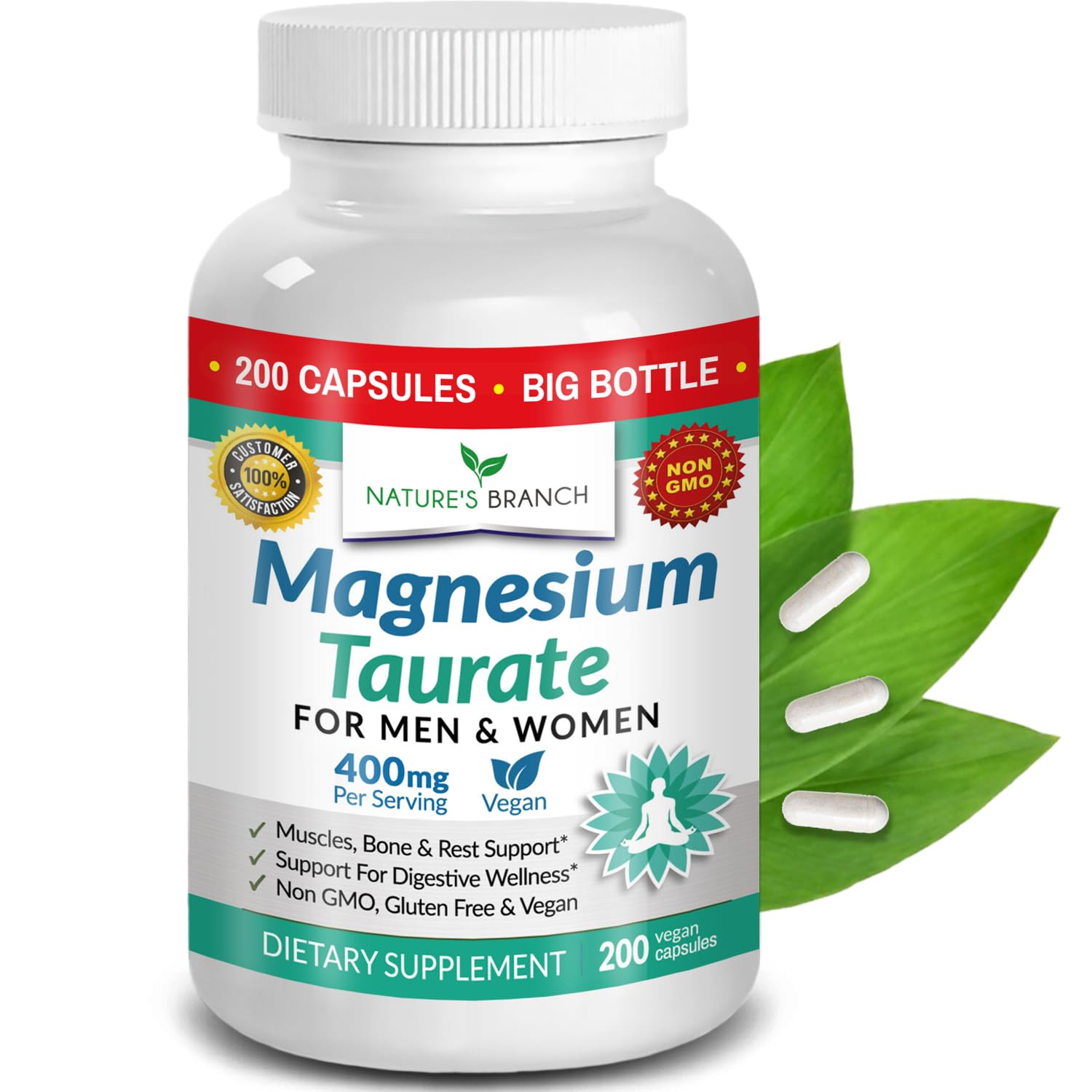 Nature's Branch Magnesium Taurate 400mg capsule closeup for easy swallowing.