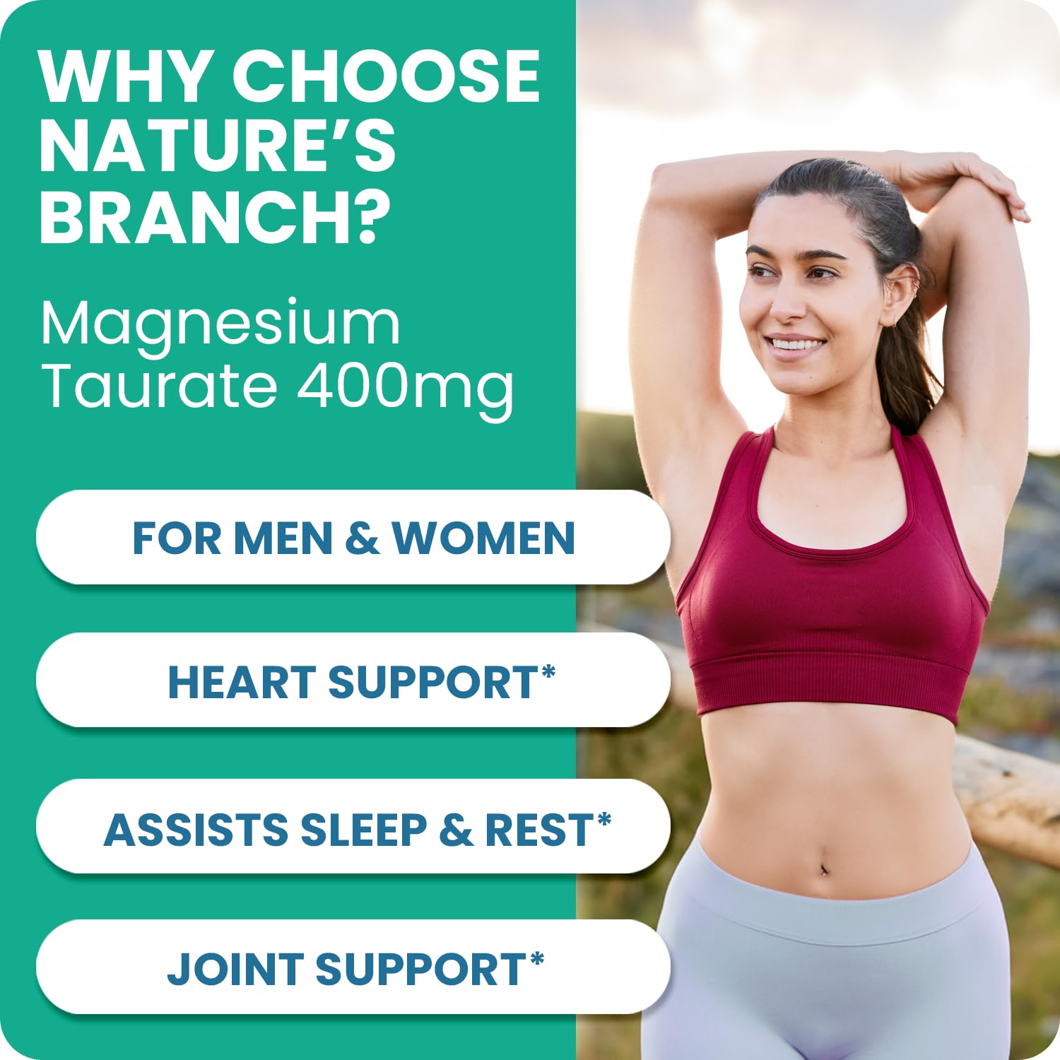 Nature's Branch Magnesium Taurate 400mg serving illustration showing two capsules.