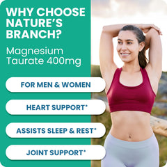 Nature's Branch Magnesium Taurate 400mg serving illustration showing two capsules.