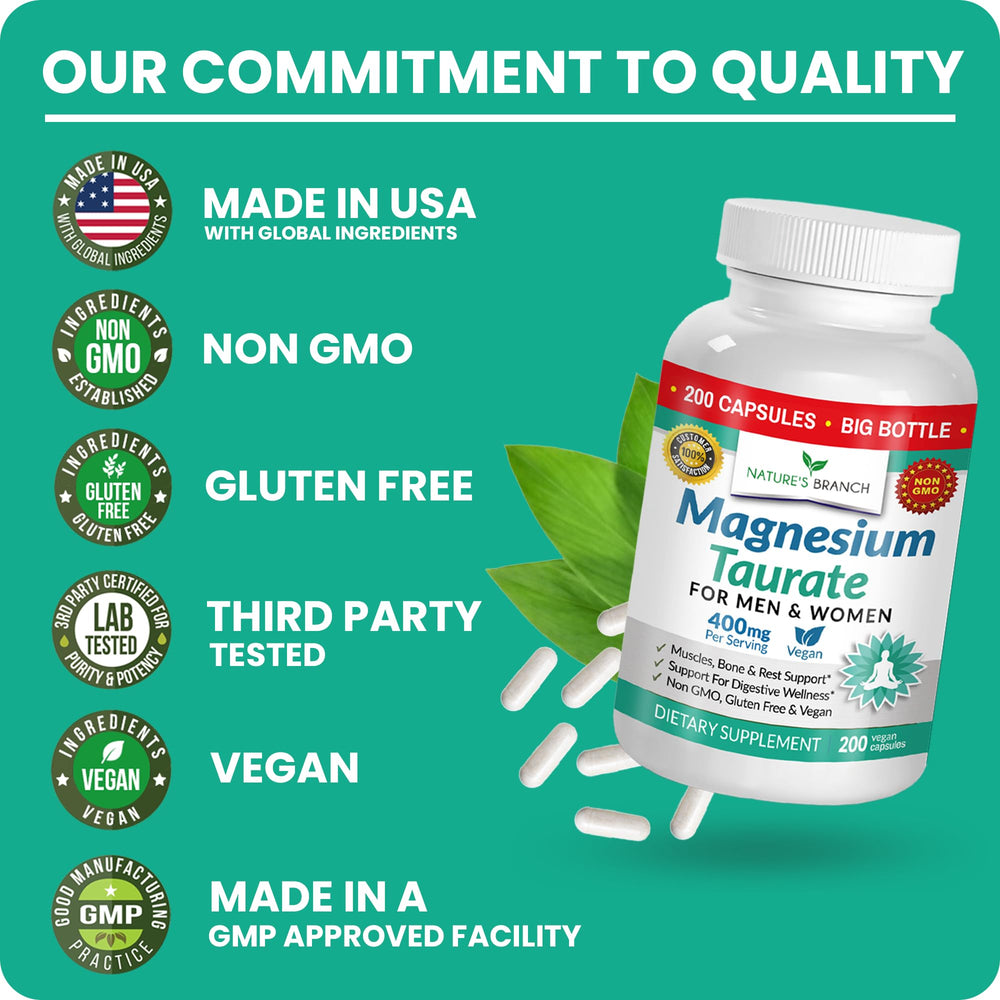 Nature's Branch Magnesium Taurate 400mg taurine ingredient detail on packaging.