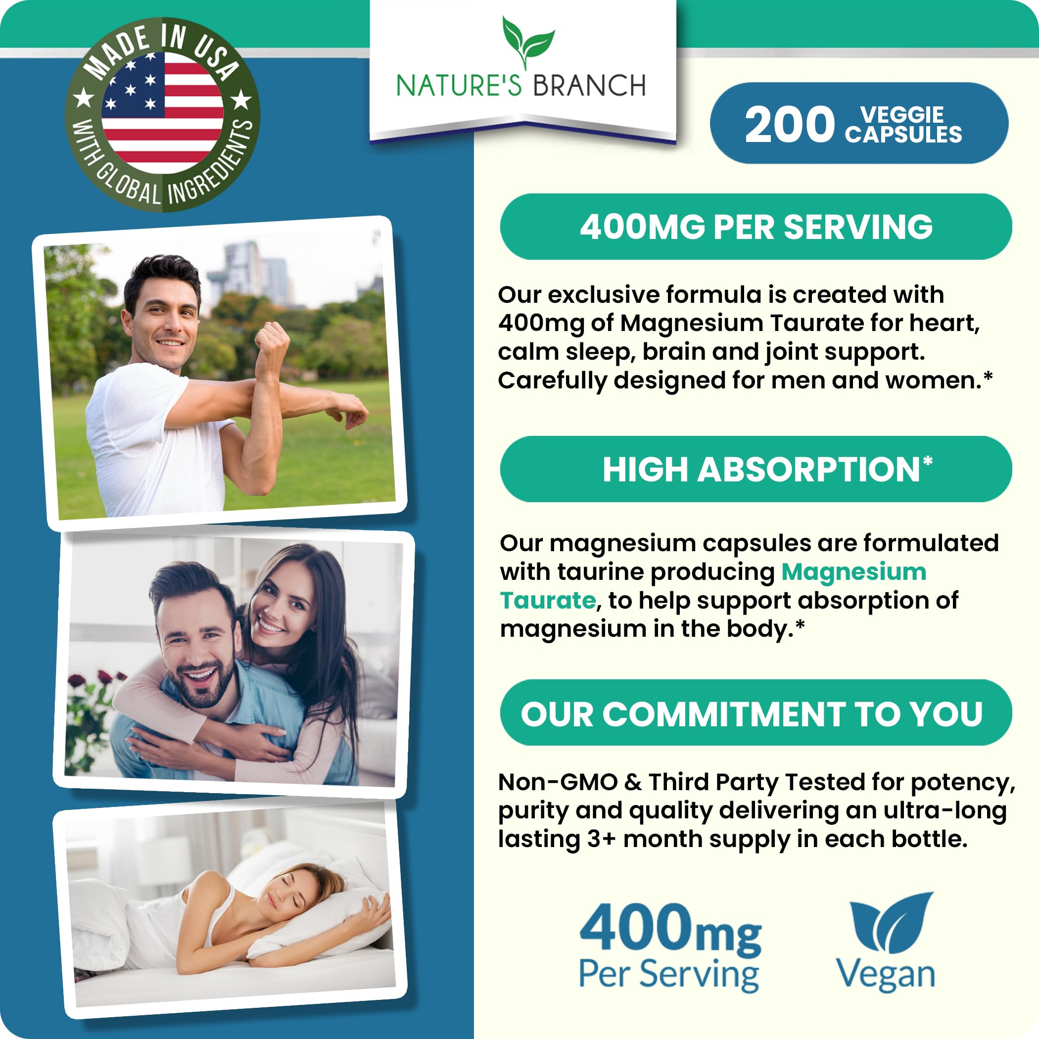 Nature's Branch Magnesium Taurate 400mg USA-made label focus for trust.