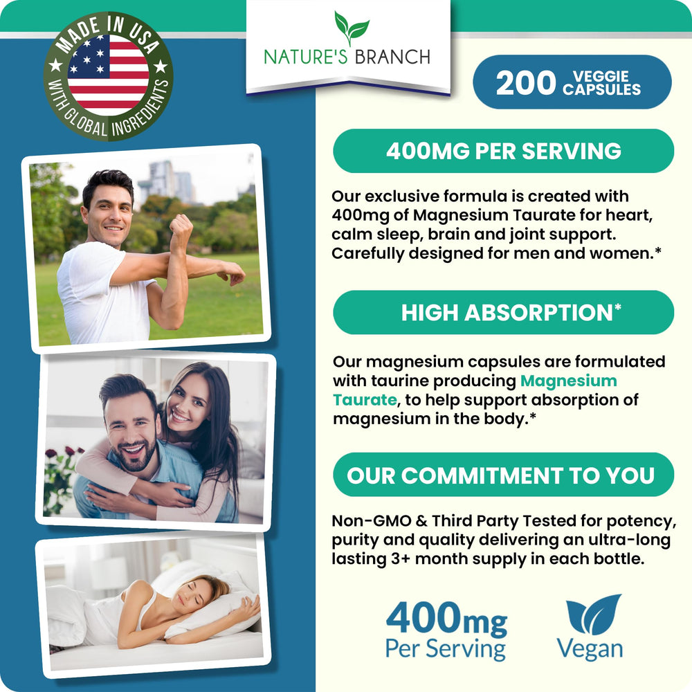 Nature's Branch Magnesium Taurate 400mg USA-made label focus for trust.