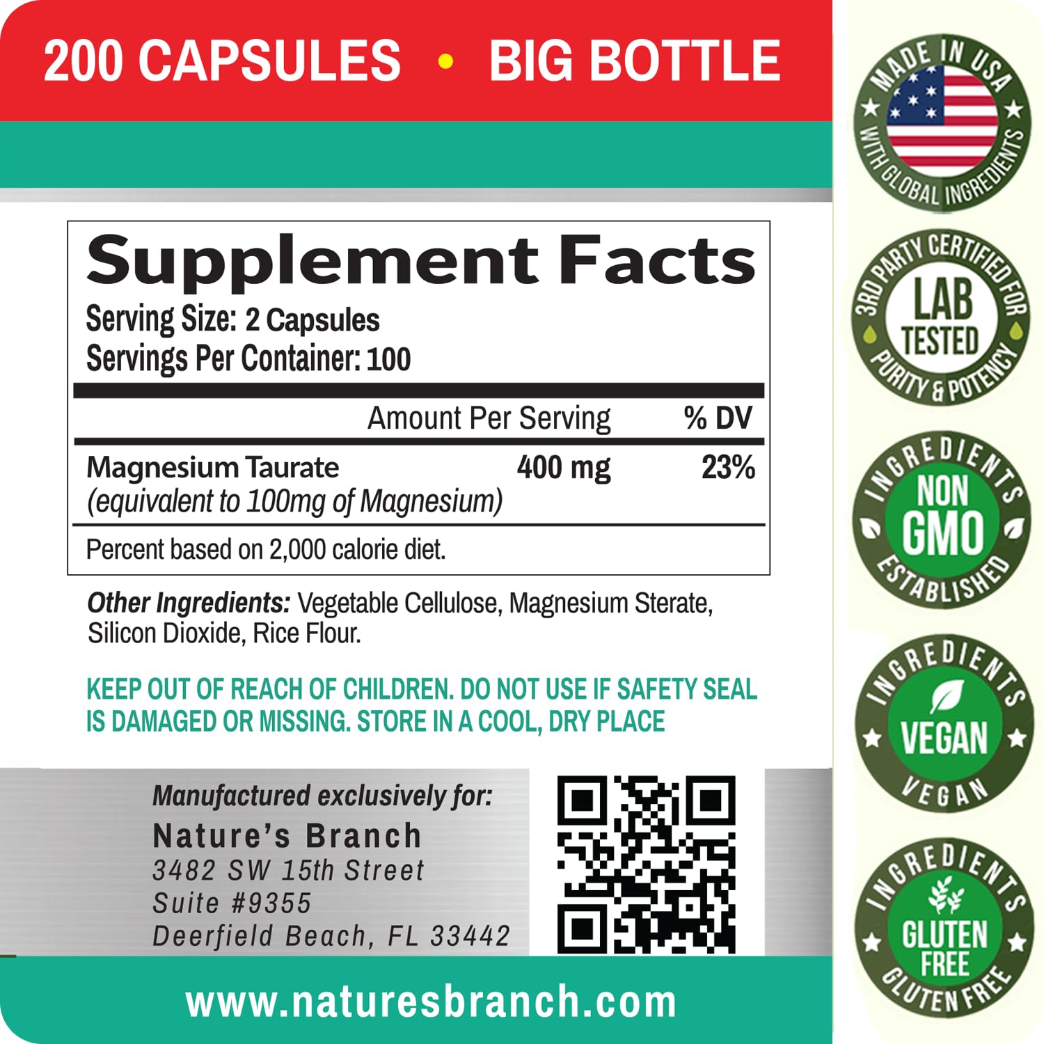 Nature's Branch Magnesium Taurate 400mg vegan and gluten-free label highlight.