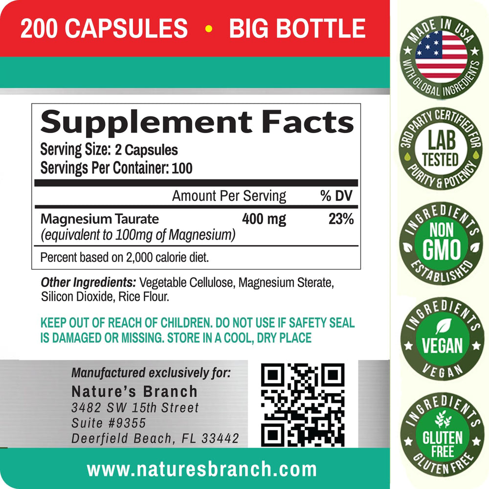 Nature's Branch Magnesium Taurate 400mg vegan and gluten-free label highlight.