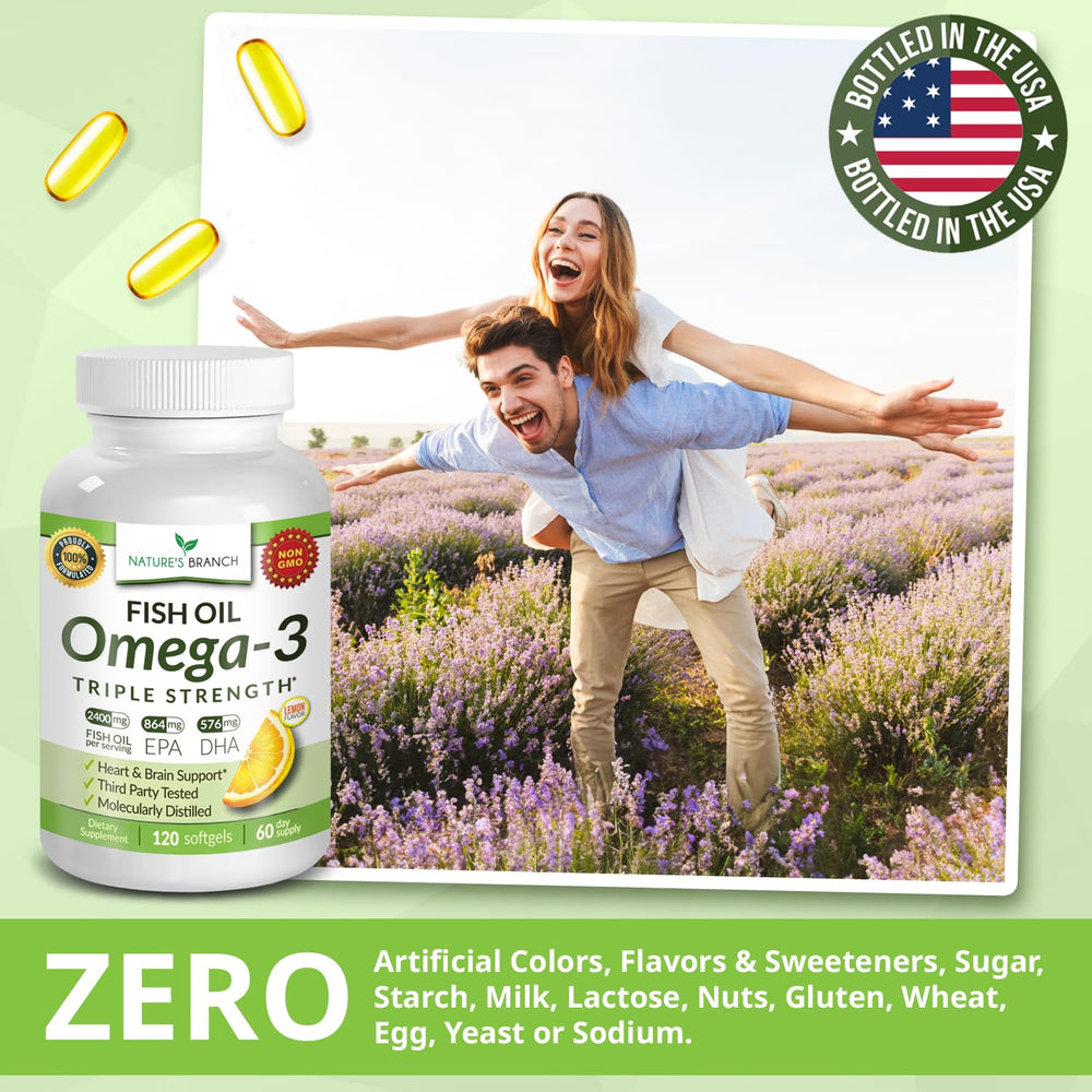 Nature's Branch non-GMO label on omega-3 bottle highlights natural ingredients.