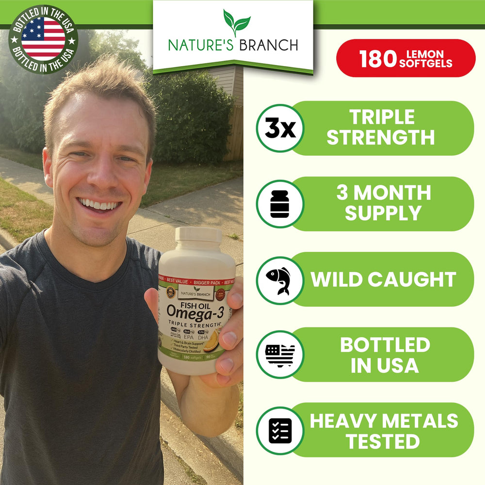 Nature's Branch Omega-3 softgels close-up showing smooth texture and burp-free lemon flavor