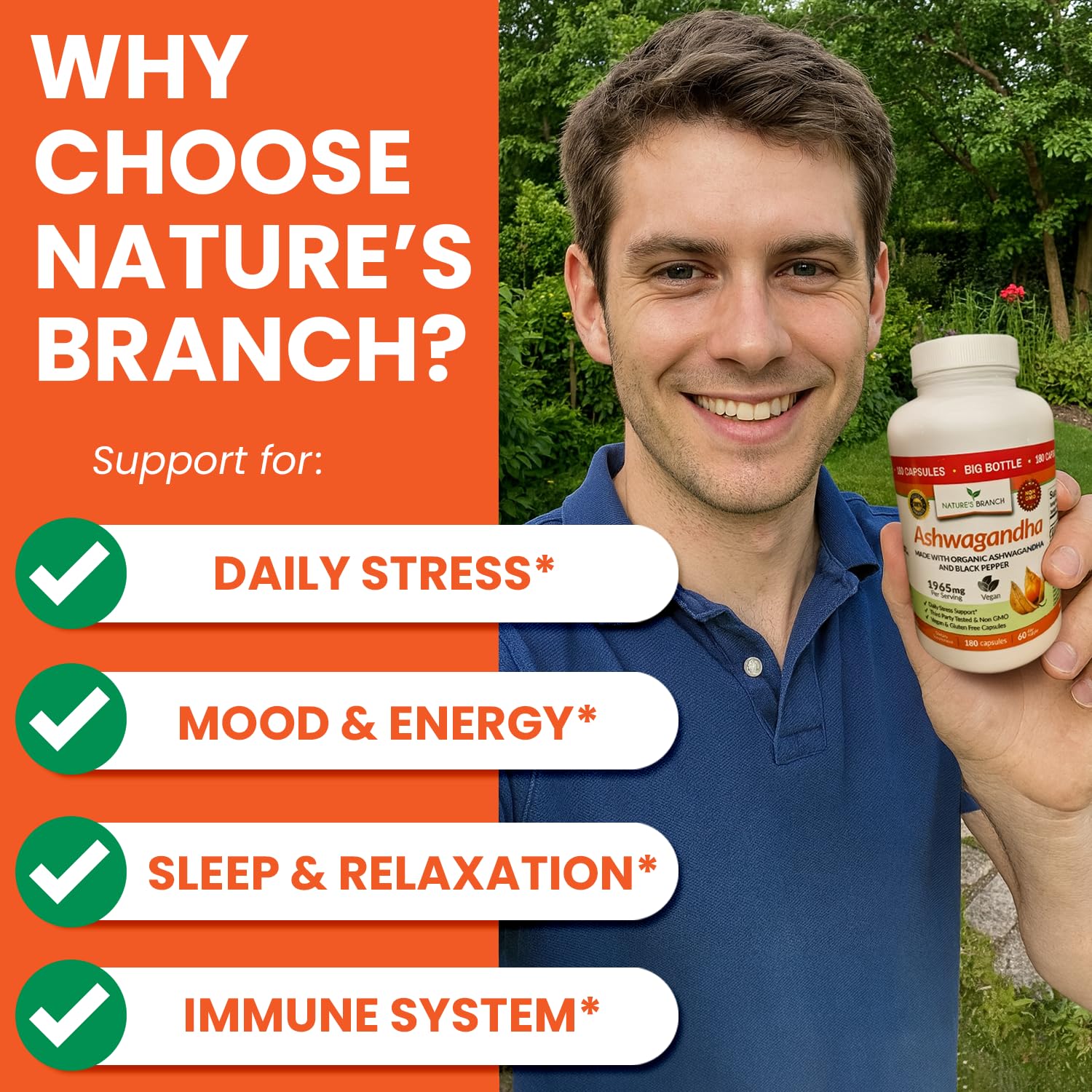 Nature's Branch organic ashwagandha powder packaging shows USA-sourced quality.