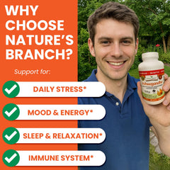 Nature's Branch organic ashwagandha powder packaging shows USA-sourced quality.