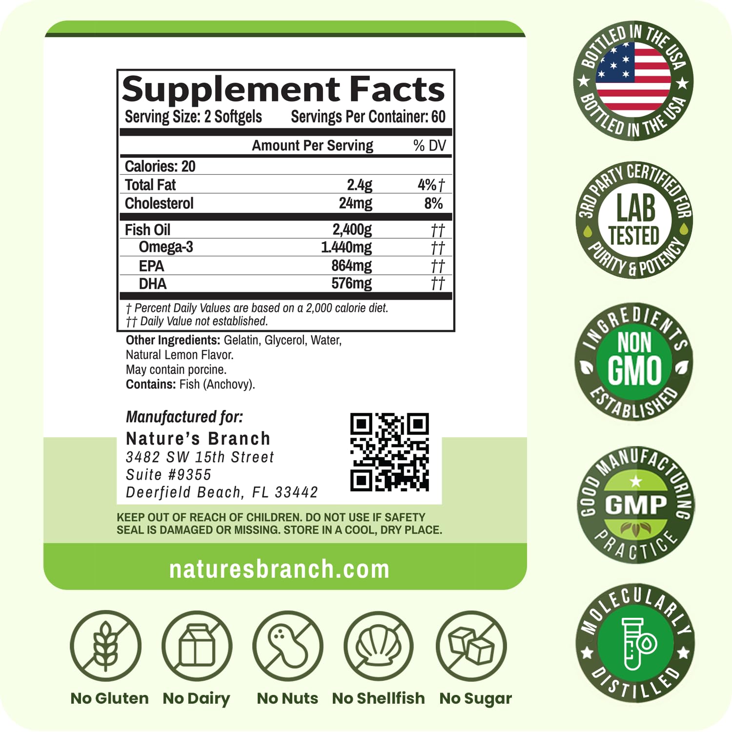 Nature's Branch third-party tested badge on bottle reinforces trusted sourcing.