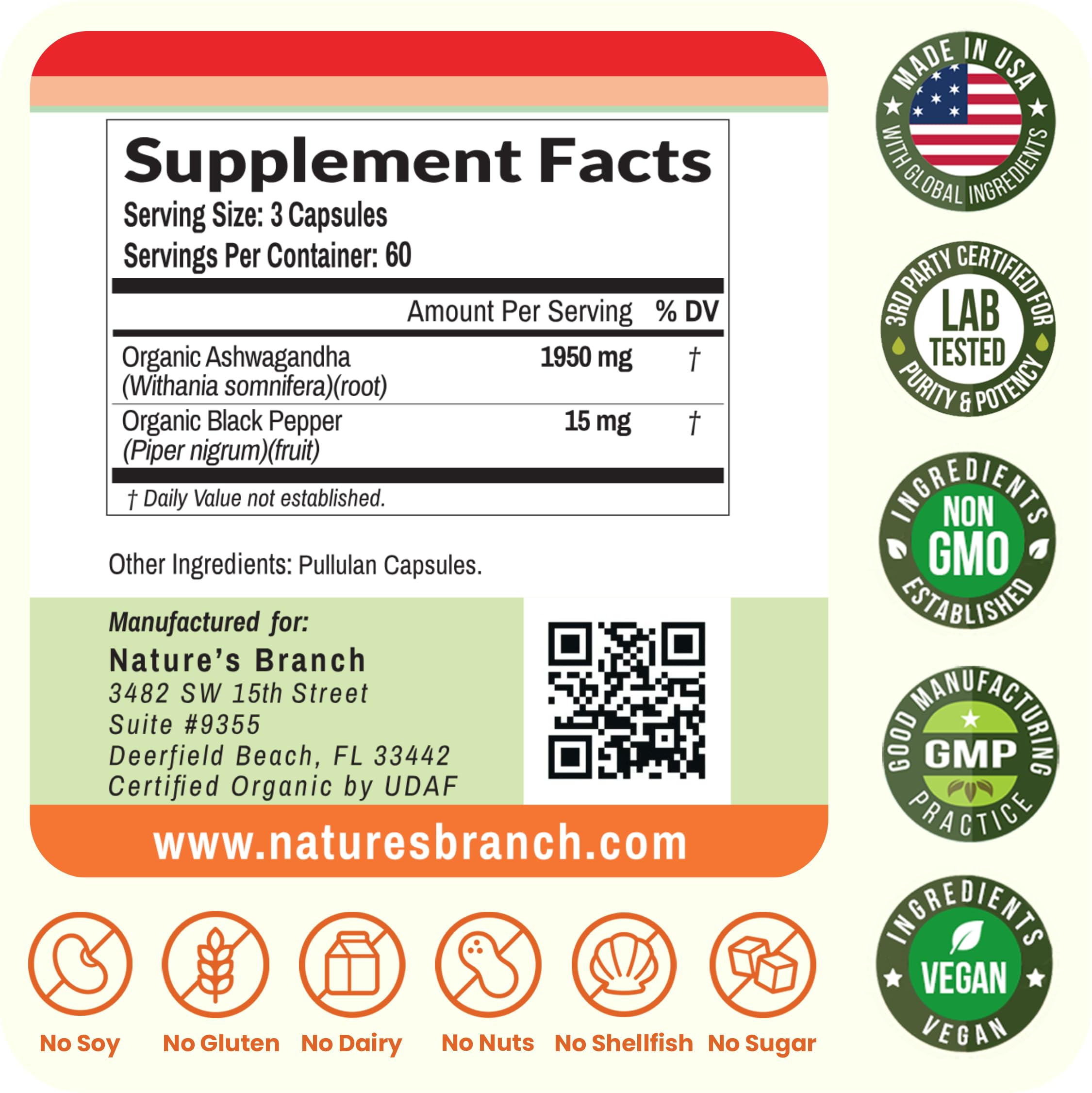Nature's Branch vegan capsule container highlights non-GMO gluten-free formula.
