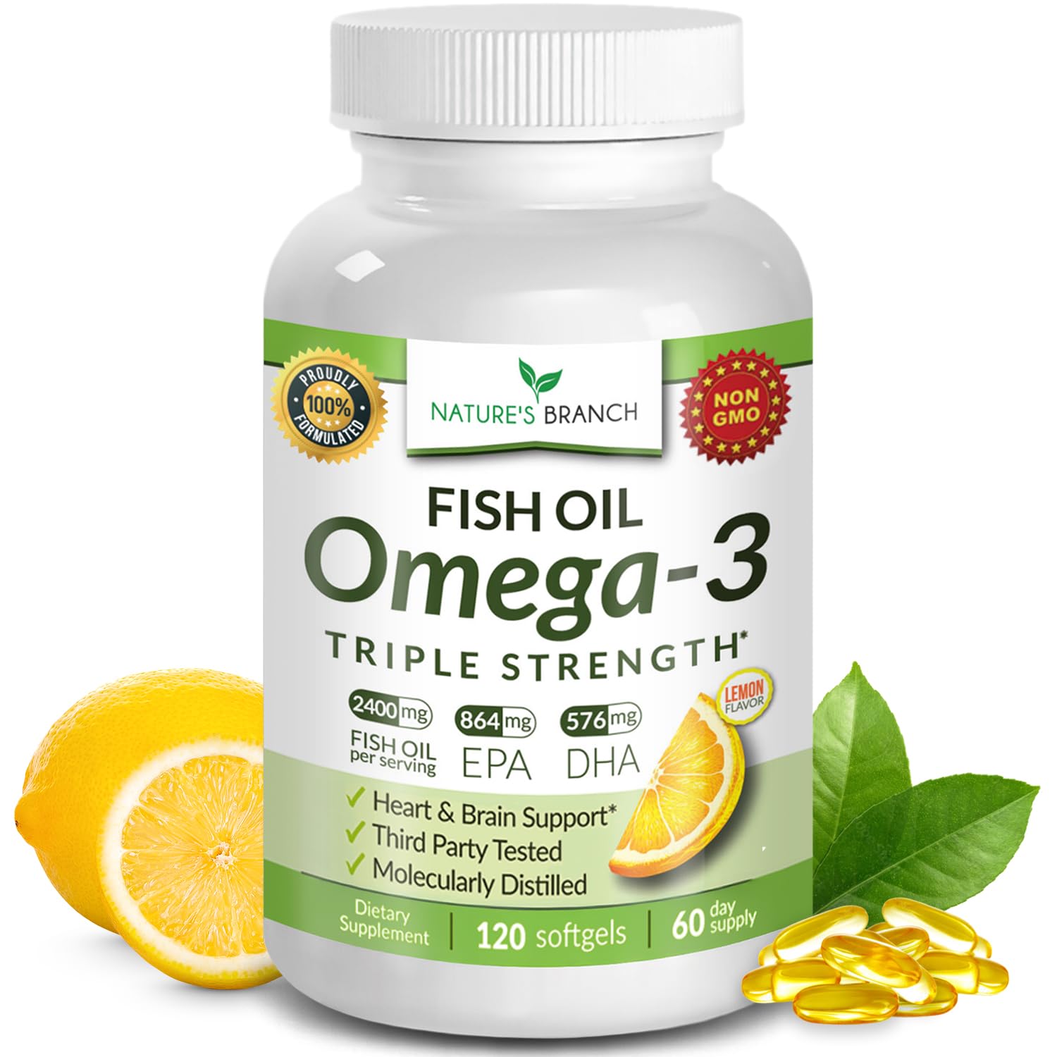 Nature's Branch triple-strength omega-3 bottle front emphasizes high EPA and DHA per serving.