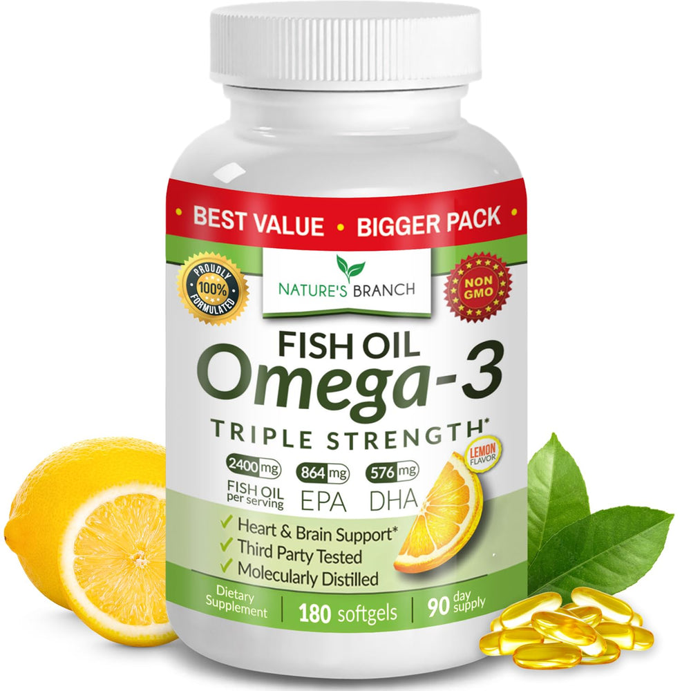 Nature's Branch triple-strength Omega-3 bottle front with lemon burpless softgels for daily support