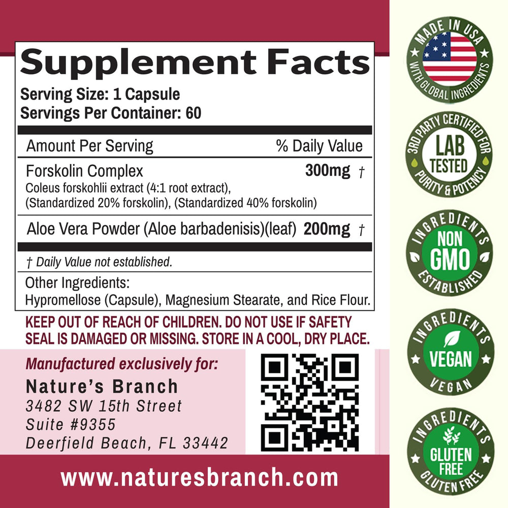 Aloe vera inclusion visible on Nature's Branch Forskolin ingredient panel.