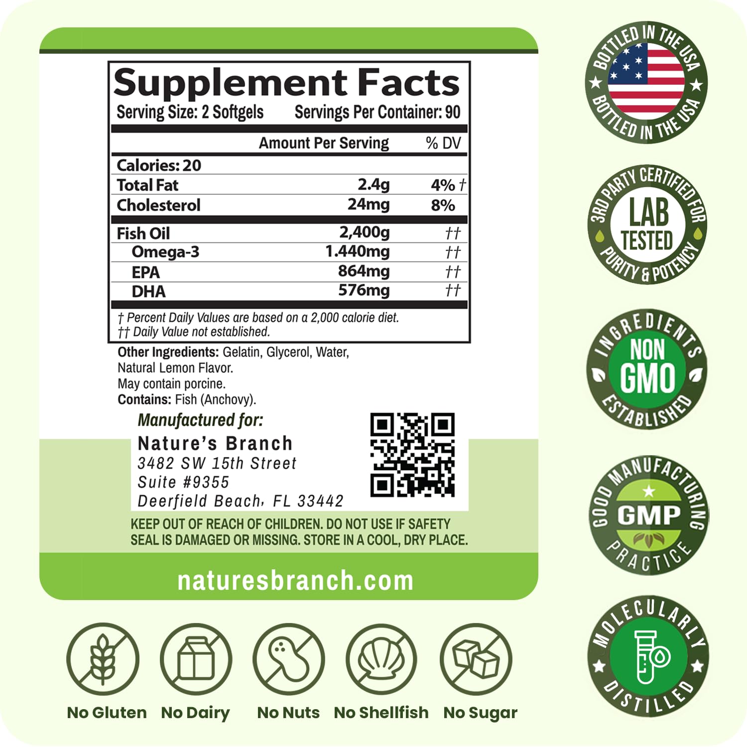 Nature's Branch USA-bottled Omega-3 in GMP facility packaging