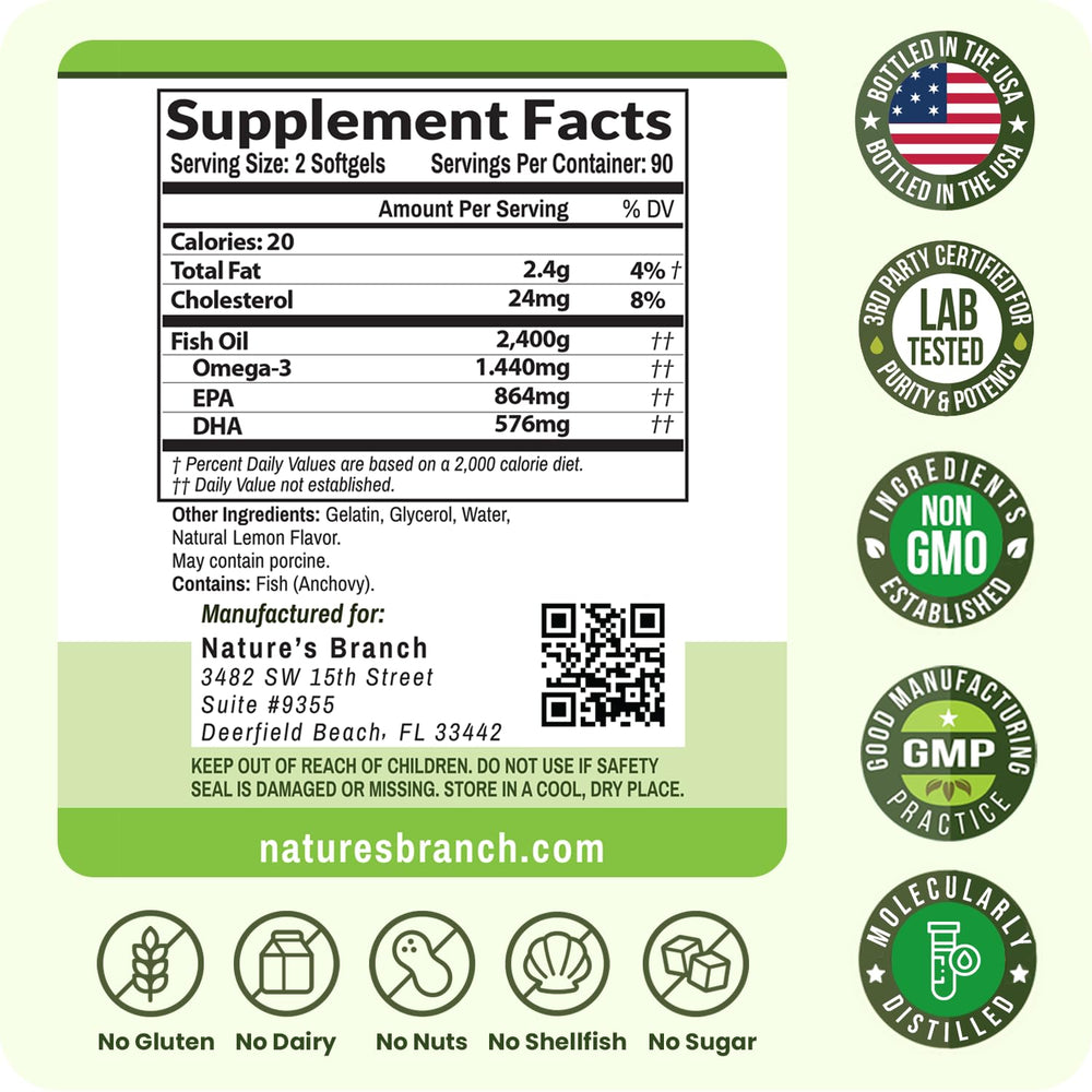 Nature's Branch USA-bottled Omega-3 in GMP facility packaging