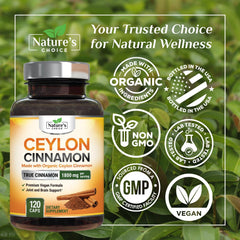 Nature's Choice Ceylon Cinnamon Capsules bottle showcases non-GMO vegan formula