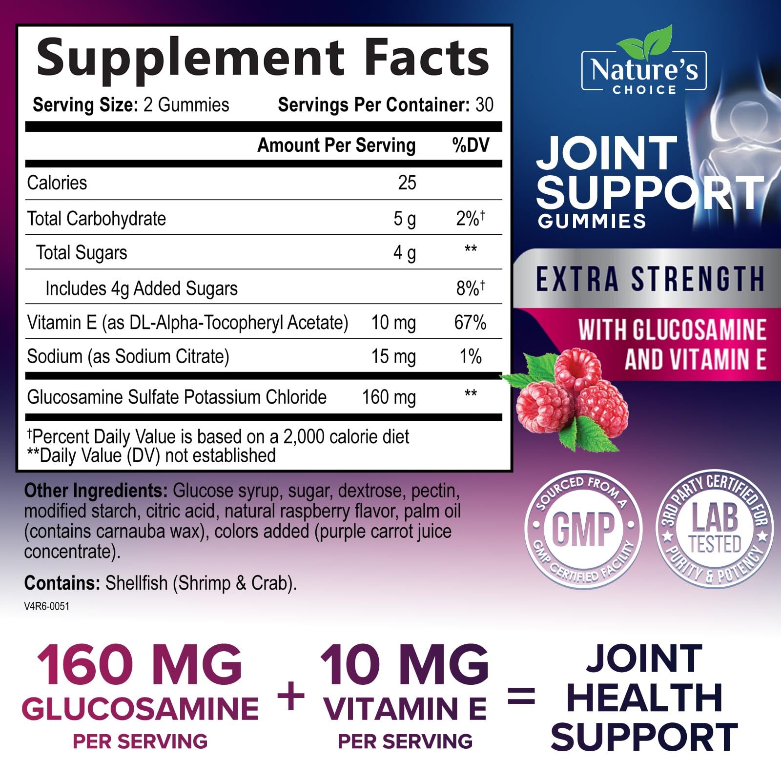 Nature's Choice Joint Support Gummies bottle back highlights dosage and benefits for joints