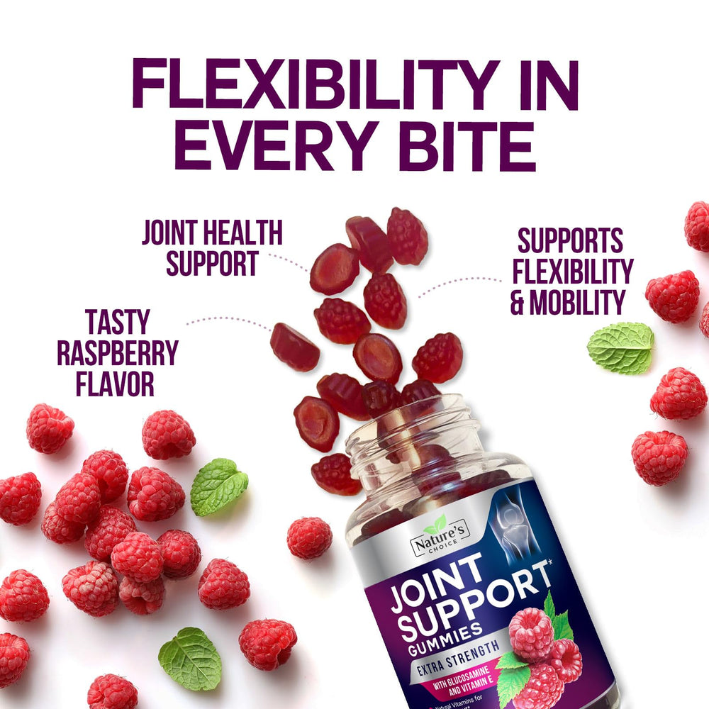Nature's Choice Joint Support Gummies with vitamin E illustration highlights essential nutrients