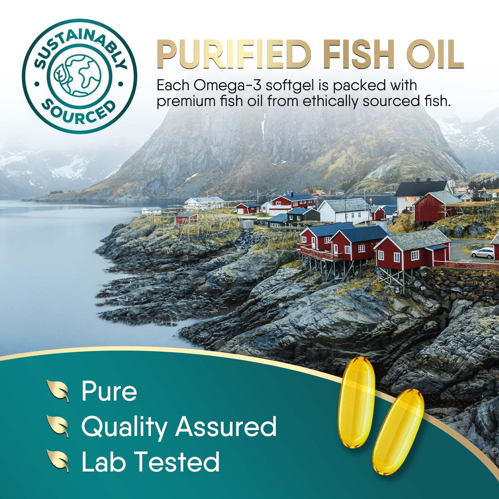 Nature's Choice Omega 3 bottle ingredients section highlights non-GMO and gluten-free formula.