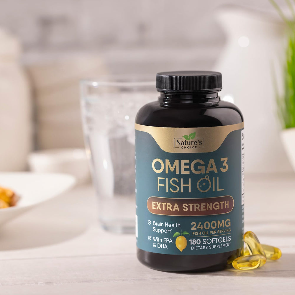 Nature's Choice Omega 3 bottle with serving information supports easy daily use.