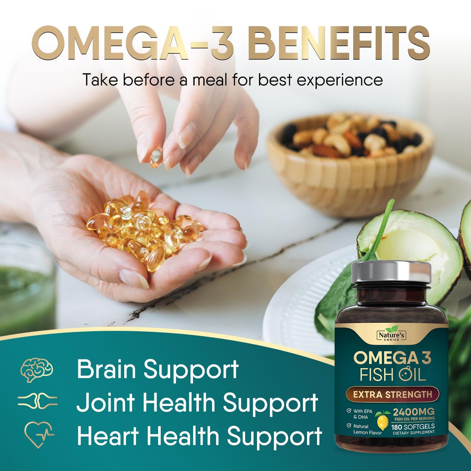 Nature's Choice Omega 3 non-GMO and gluten-free label communicates purity.