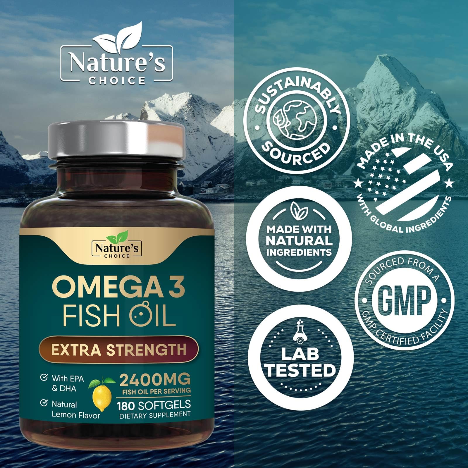 Nature's Choice Omega 3 bottle pouring softgels, convenient daily intake.
