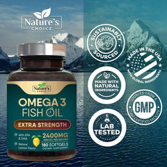 Nature's Choice Omega 3 bottle pouring softgels, convenient daily intake.