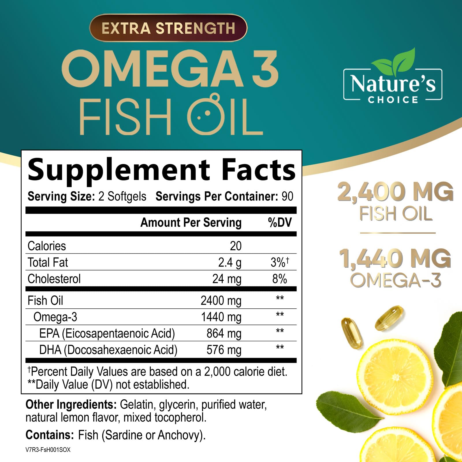 Nature's Choice Omega 3 softgels close-up, easy swallow design and purity.
