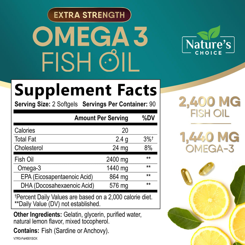 Nature's Choice Omega 3 softgels close-up, easy swallow design and purity.