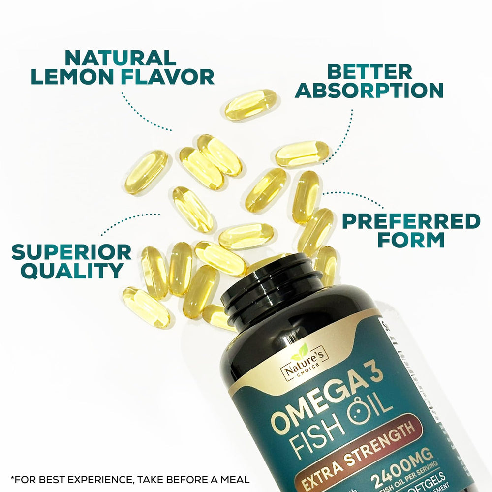 Nature's Choice Omega 3 triple-strength capsule image reinforces EPA and DHA content.