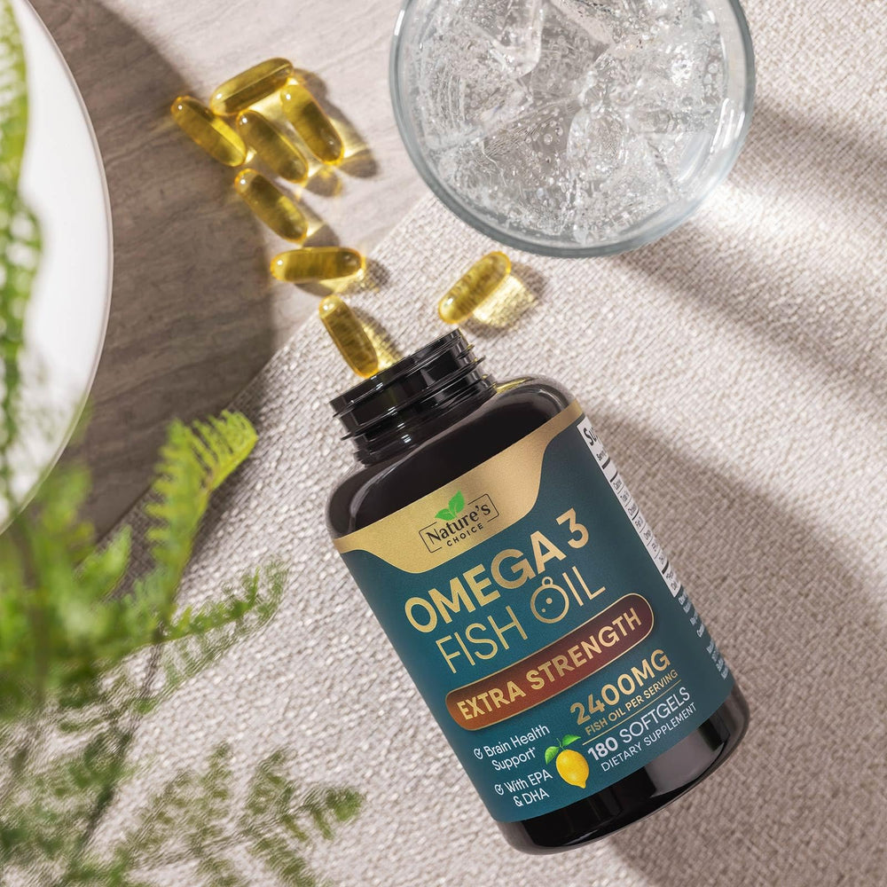 Nature's Choice Omega 3 bottle with USA-made badge implies quality.