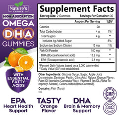 Close-up of Nature's Choice Omega 3 Gummies showing DHA and EPA in orange chews.