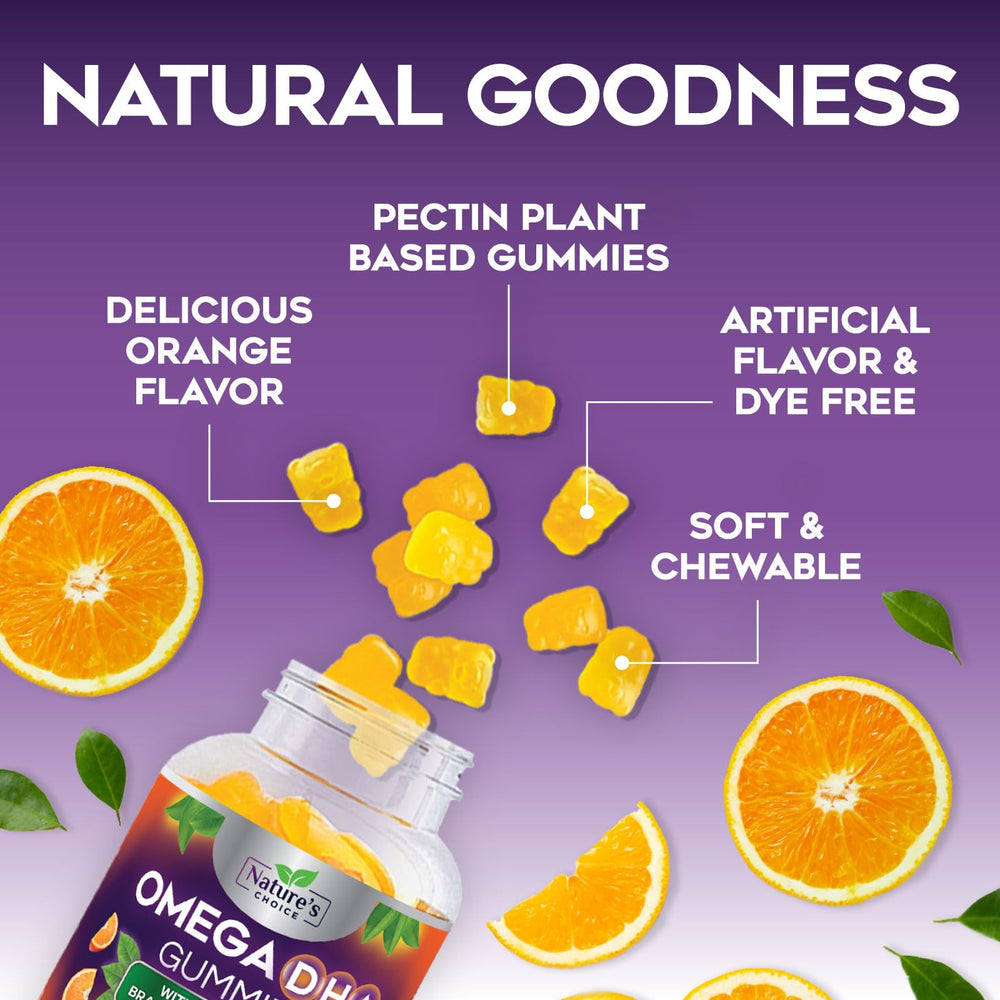 Nature's Choice Omega 3 Gummies designed for kids with a tasty orange flavor.