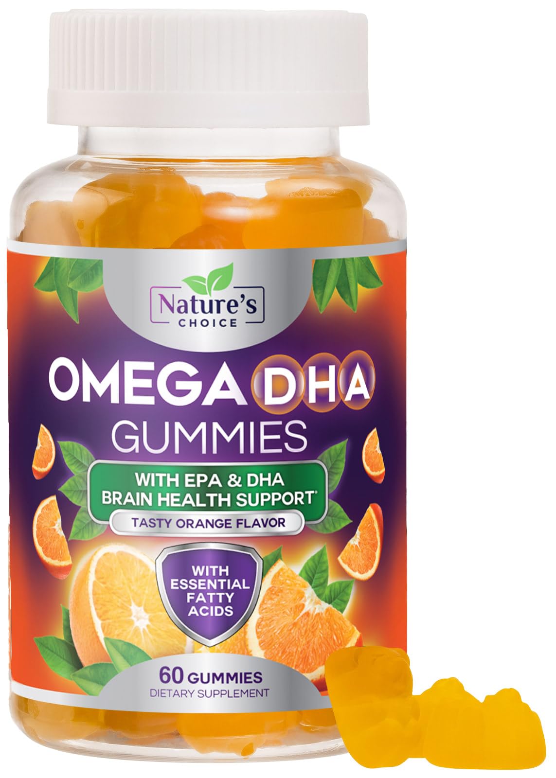 Nature's Choice Omega 3 Gummies orange bottle with triple strength DHA and EPA for daily support.