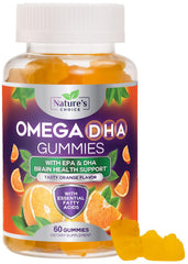 Nature's Choice Omega 3 Gummies orange bottle with triple strength DHA and EPA for daily support.