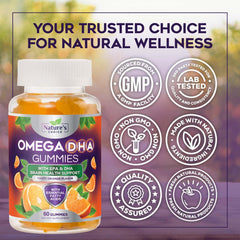 Seal of third‑party testing visible on Nature's Choice Omega 3 Gummies package.