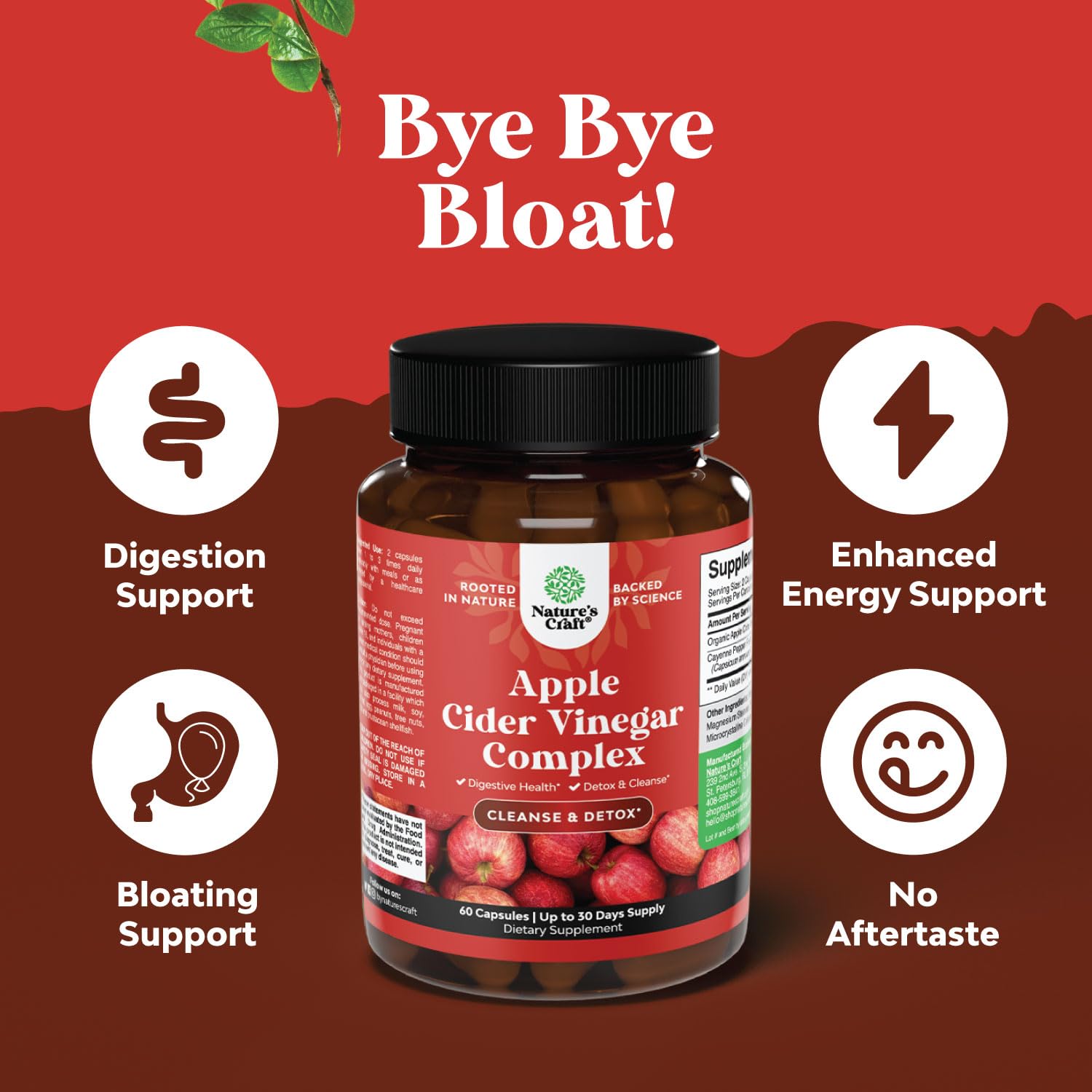 Natures Craft ACV capsules shown dispensing capsules for simple daily use.