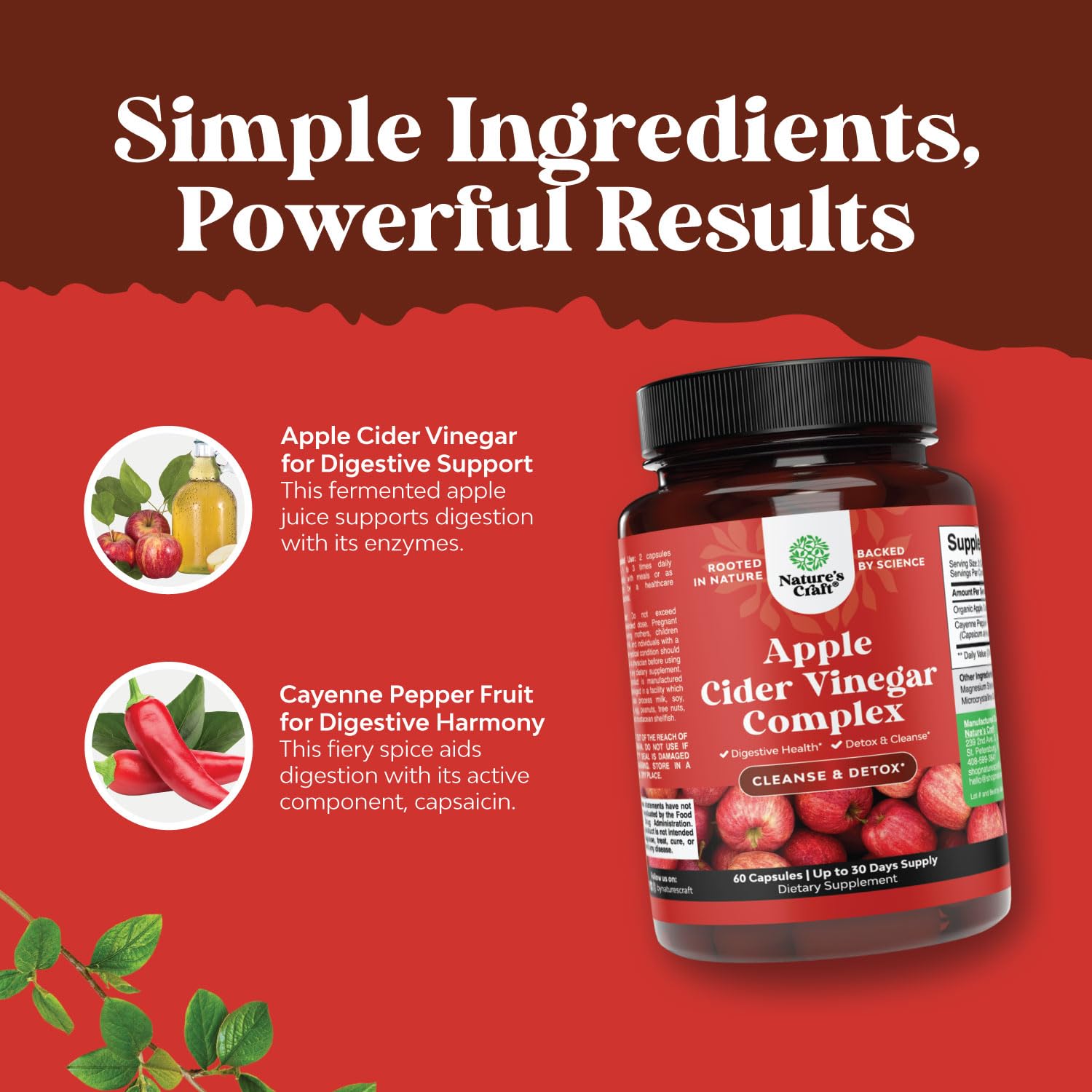 Natures Craft ACV capsules cayenne detail emphasizes detox-inspired formula.