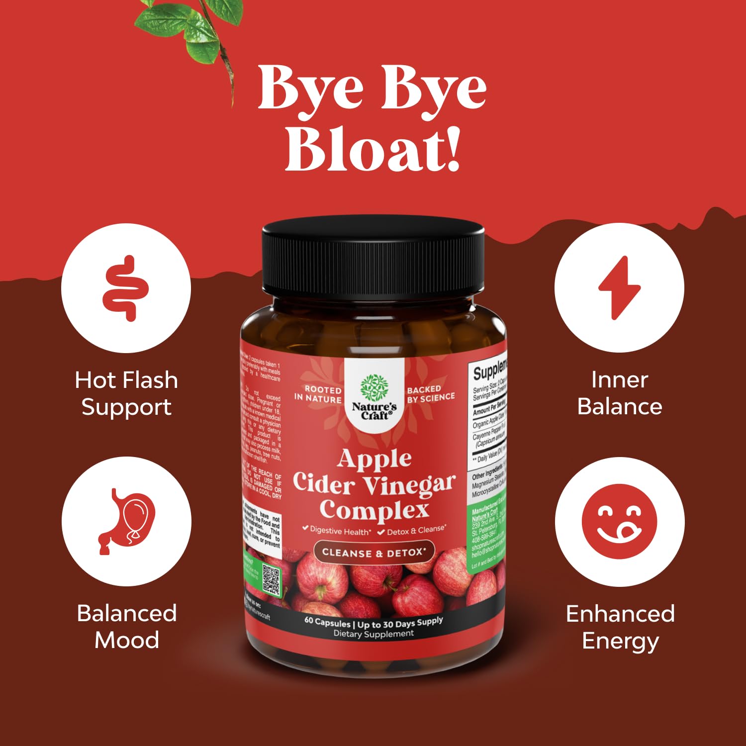 Natures Craft ACV cayenne pepper illustration indicates added spice and potential metabolism support.